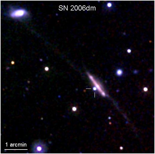 UVOT Image of Supernova 2006dm in MCG. See full description in accompanying paragraph.