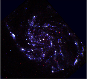 UVOT false-color image of the pinwheel galaxy M101, generated with the UVOT ultraviolet filters.